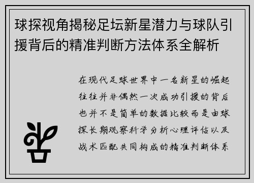 球探视角揭秘足坛新星潜力与球队引援背后的精准判断方法体系全解析